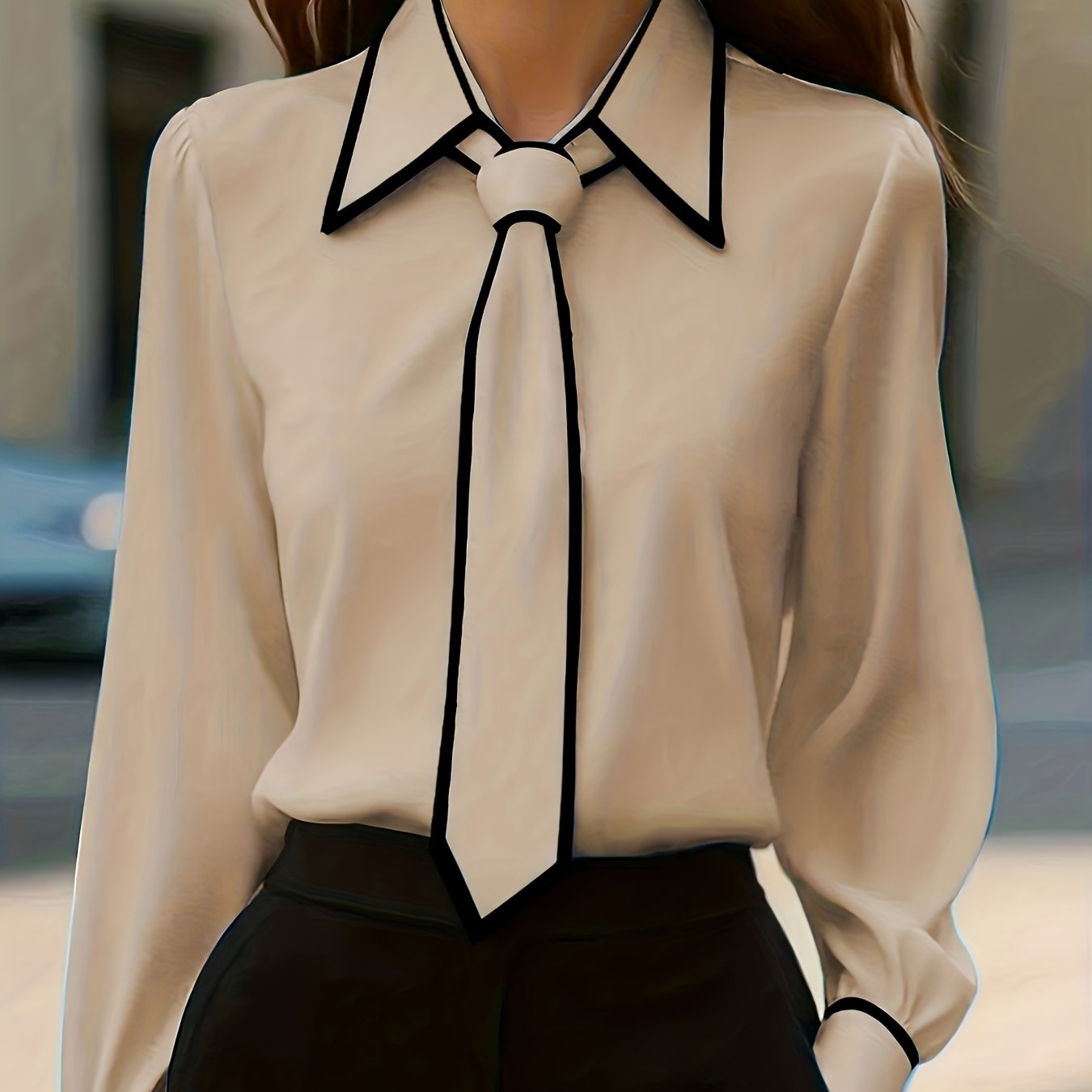 Camisa Elegante de Gola Contrastante para Todas as Estações | Cor Sólida, Estilo Lapela com Detalhes de Botões