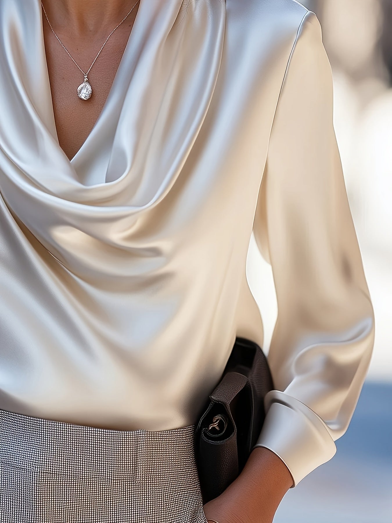 Blusa Feminina de Poliéster Branco Marfim com Gola Alta e Manga Longa - Confortável, Versátil para Uso Casual ou Formal, Lavável em Máquina, Ideal para Todas as Estações