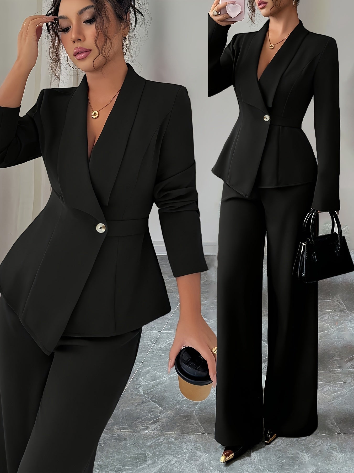 Terno feminino de cor sólida, requintado e elegante, ideal para escritório, deslocamento, estilo urbano, romance francês, casual, retrô do Oriente Médio, chá da tarde, festa, Ação de Graças, volta às aulas, primavera/outono/inverno, terno de duas peças pa