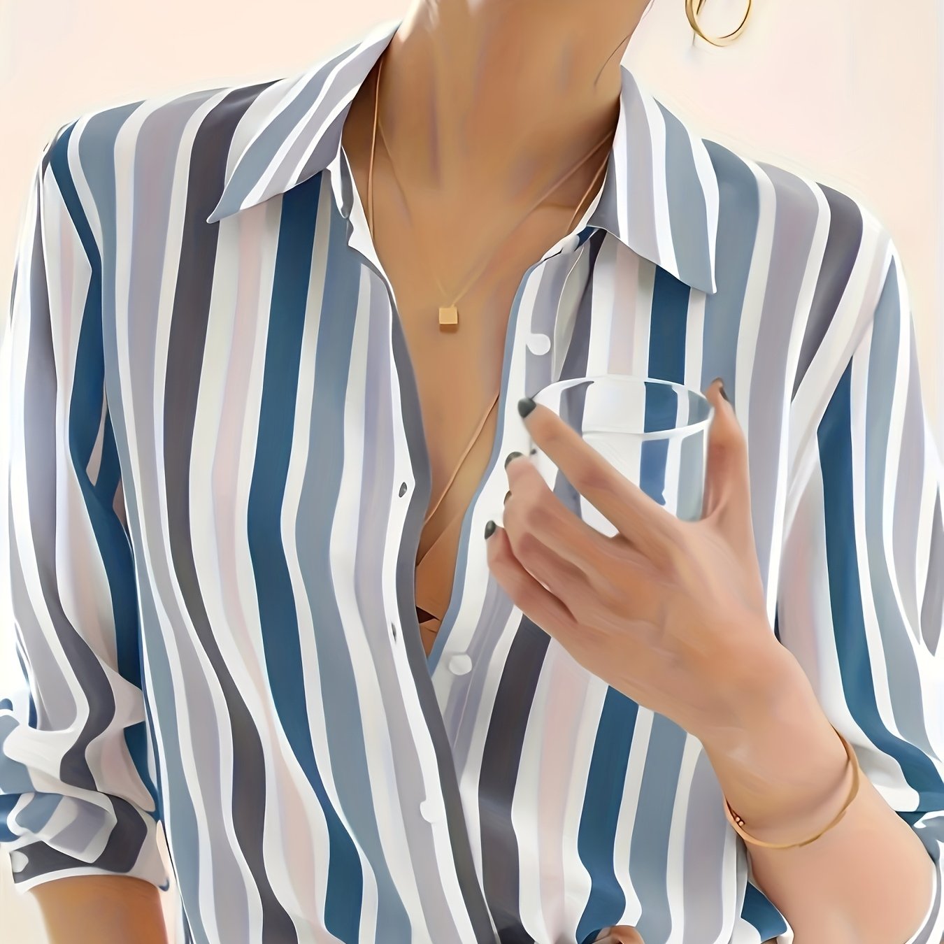 Camisa Casual de Manga Comprida às Riscas para Mulher | Riscas Verticais Pretas e Brancas, Leve, Ideal para Primavera/Verão/Outono | Gola de Lapela Clássica, Blusa Elegante e Moderna