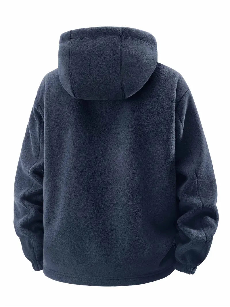 Men's Hooded Casual Fleece Jacket with Zipper, Embroidered Letter Design