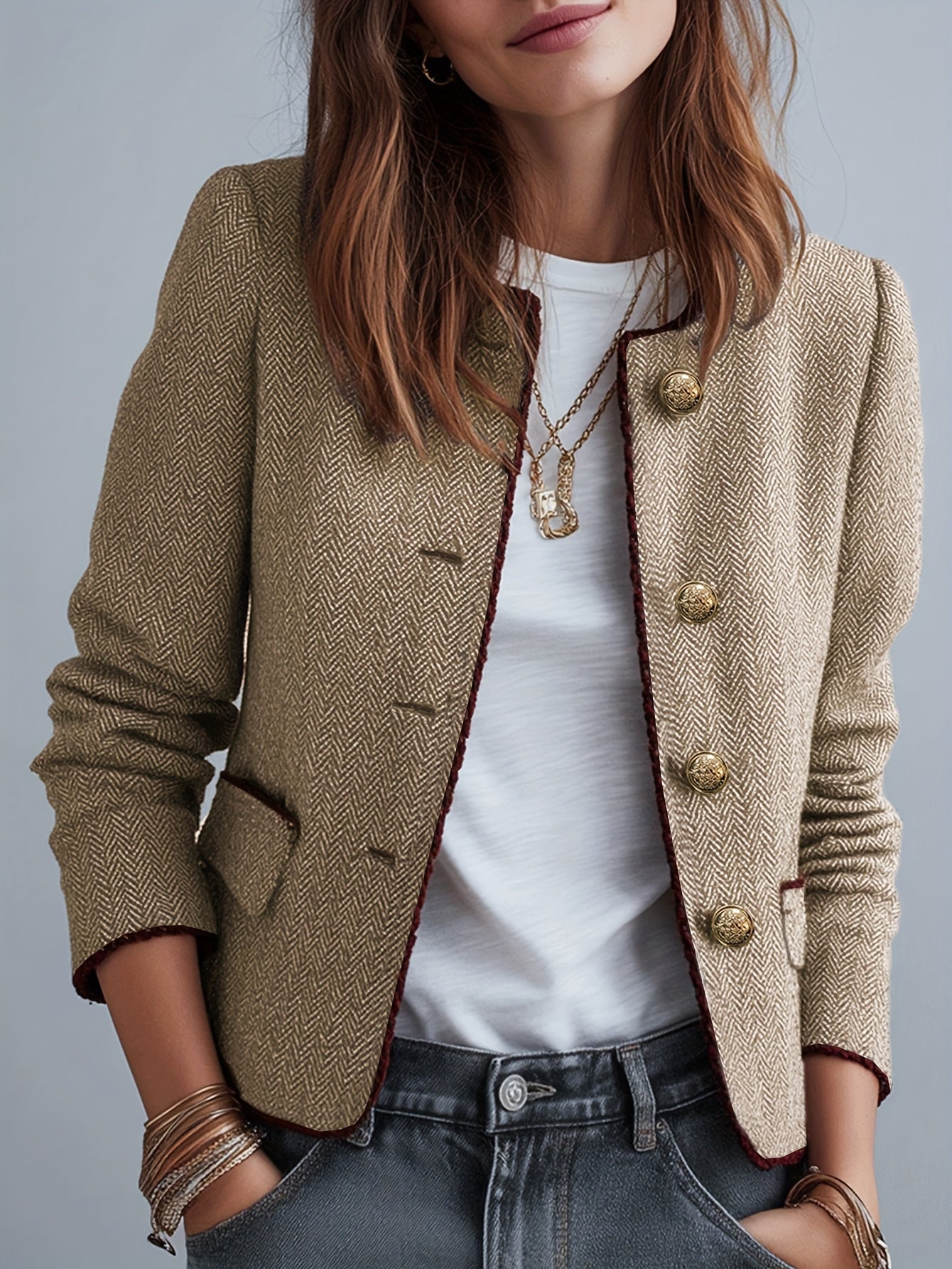 Casaco Elegante Casual de Mulher em Tweed Espinha de Peixe para as Quatro Estações com Cinto | Cor Sólida, Design Sem Gola