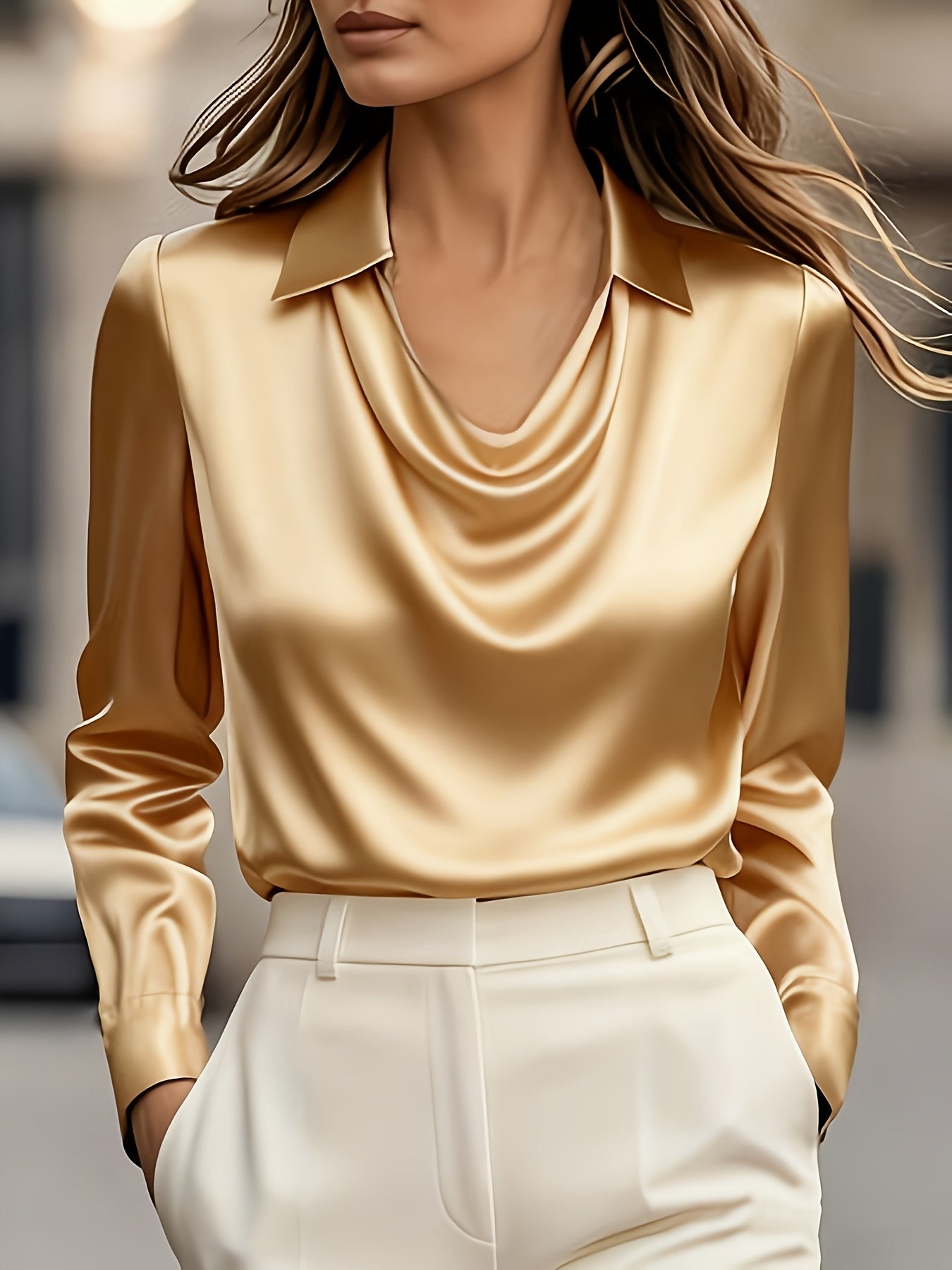 Camisa de Cetim Elegante | Decote em V, Manga Comprida, Corte Larga, Adequada para Todas as Estações, Ideal para Ocasiões Casuais ou Formais, Textura Suave