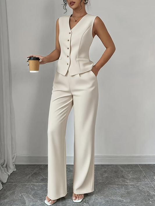 Conjunto Elegante de Colete Sem Mangas com Decote em V e Calça Reto para Mulheres, Ideal para Uso Casual