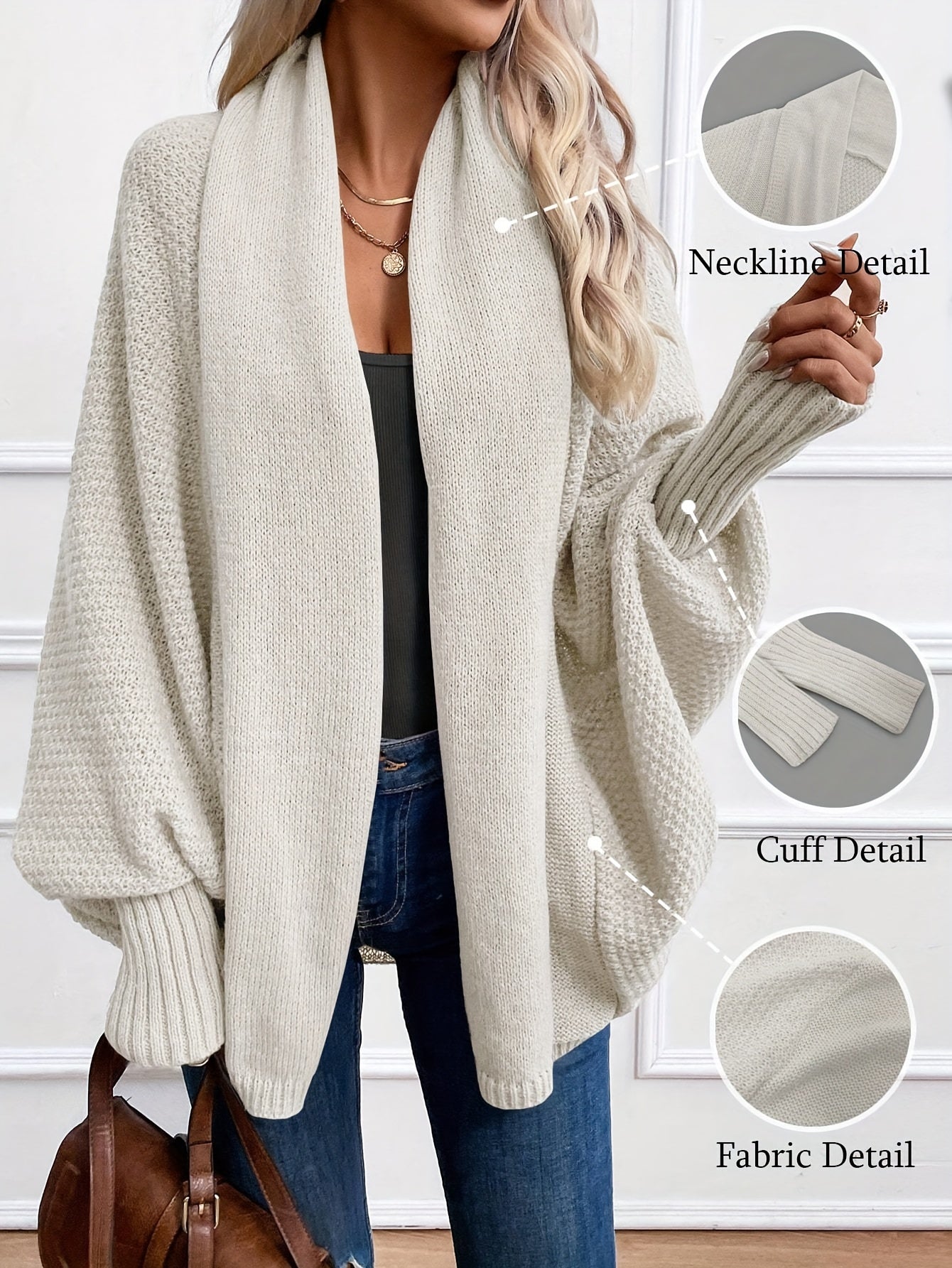 Cardigan Elegante de Cor Lisa com Mangas Lanterna e Gola Chales para Mulher, Ideal para o Outono e Inverno.