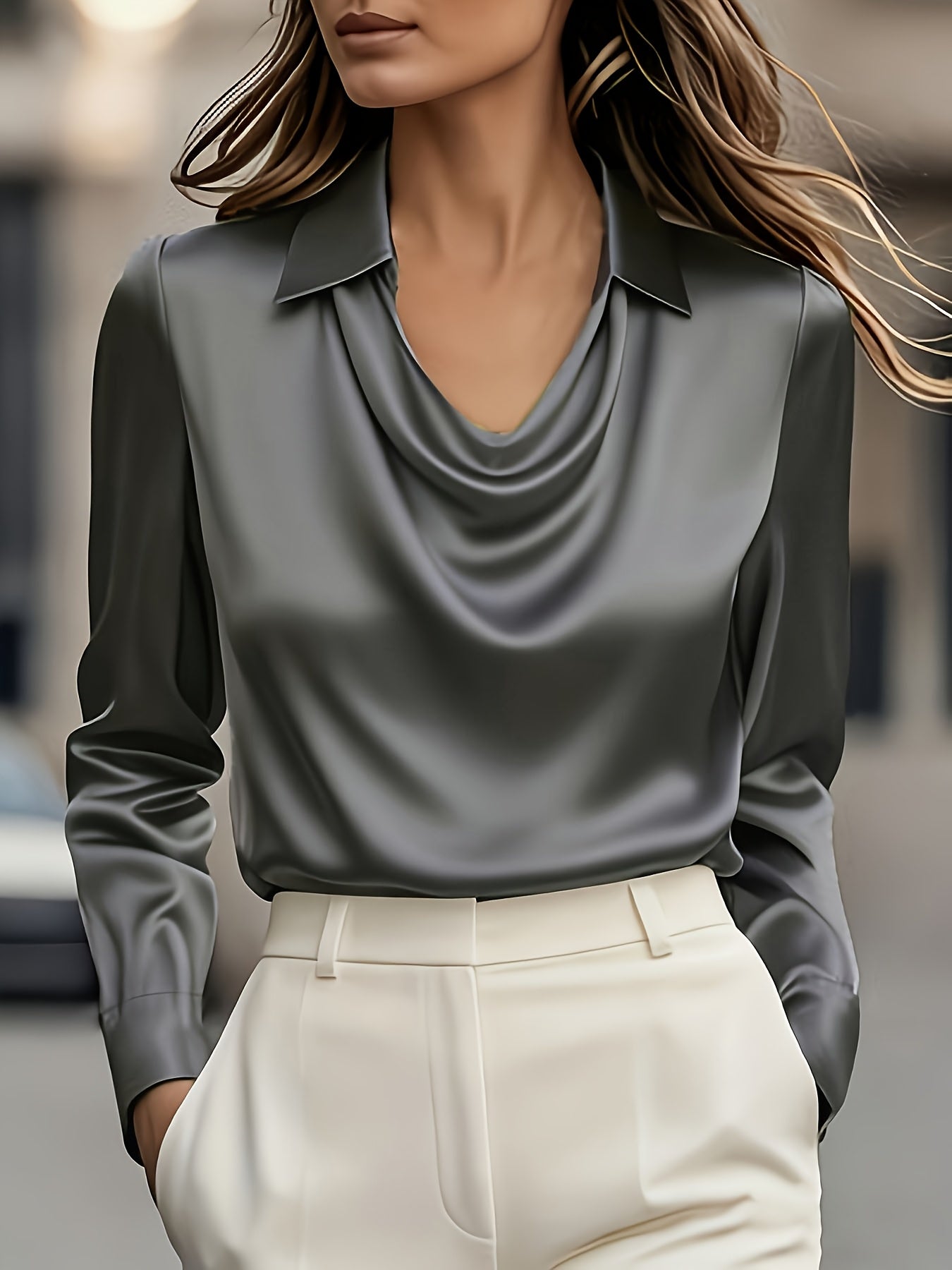 Camisa de Cetim Elegante | Decote em V, Manga Comprida, Corte Larga, Adequada para Todas as Estações, Ideal para Ocasiões Casuais ou Formais, Textura Suave
