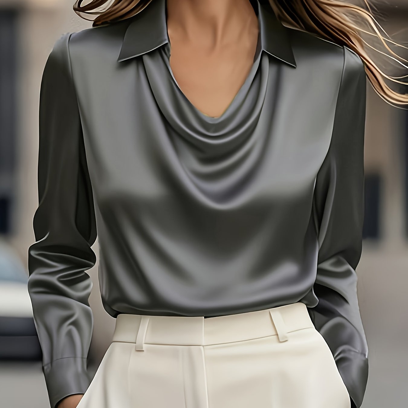 Camisa de Cetim Elegante | Decote em V, Manga Comprida, Corte Larga, Adequada para Todas as Estações, Ideal para Ocasiões Casuais ou Formais, Textura Suave