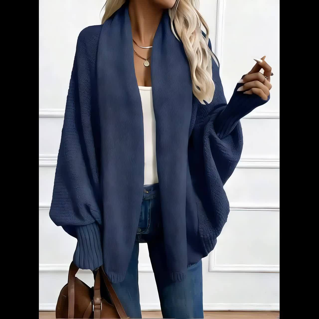 Cardigan Elegante de Cor Lisa com Mangas Lanterna e Gola Chales para Mulher, Ideal para o Outono e Inverno.