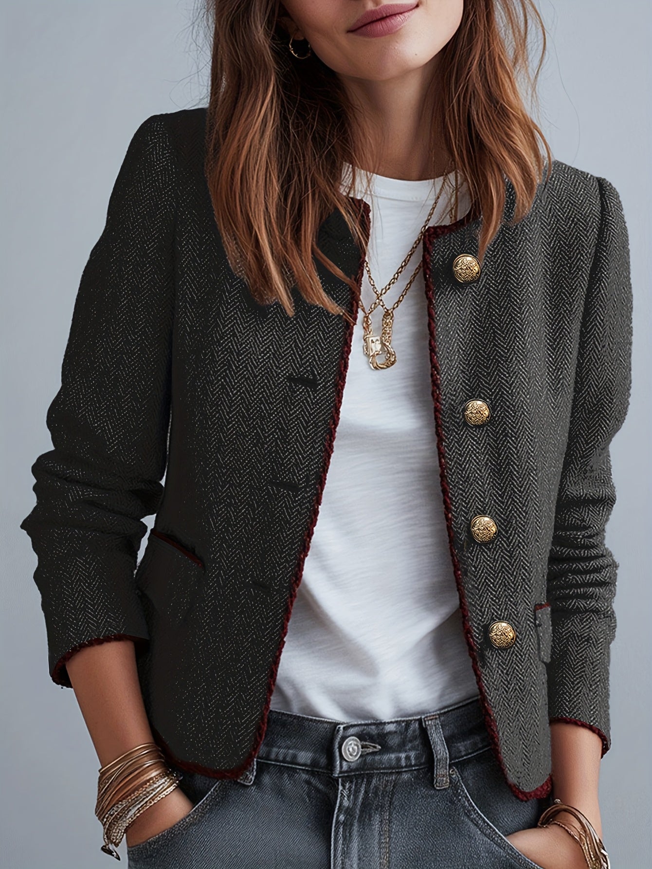 Casaco Elegante Casual de Mulher em Tweed Espinha de Peixe para as Quatro Estações com Cinto | Cor Sólida, Design Sem Gola
