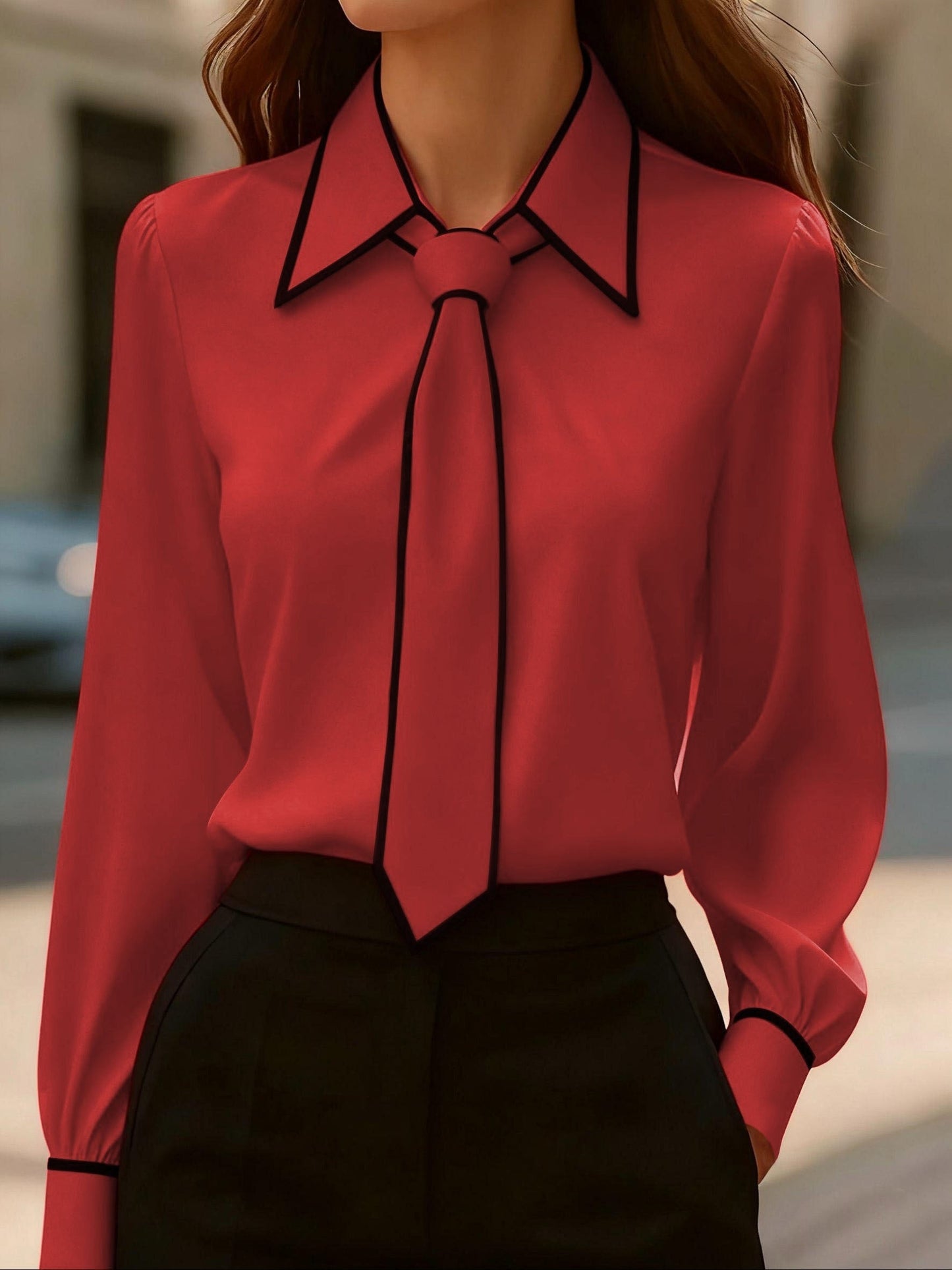 Camisa Elegante de Gola Contrastante para Todas as Estações | Cor Sólida, Estilo Lapela com Detalhes de Botões