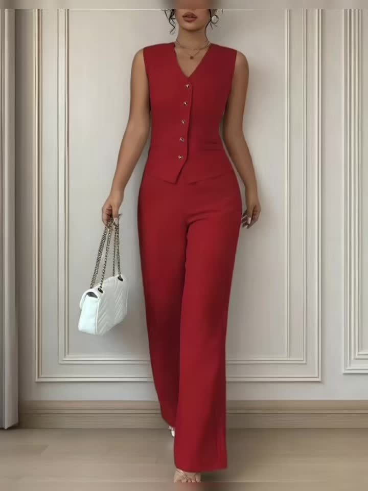 Conjunto Elegante de Colete Sem Mangas com Decote em V e Calça Reto para Mulheres, Ideal para Uso Casual