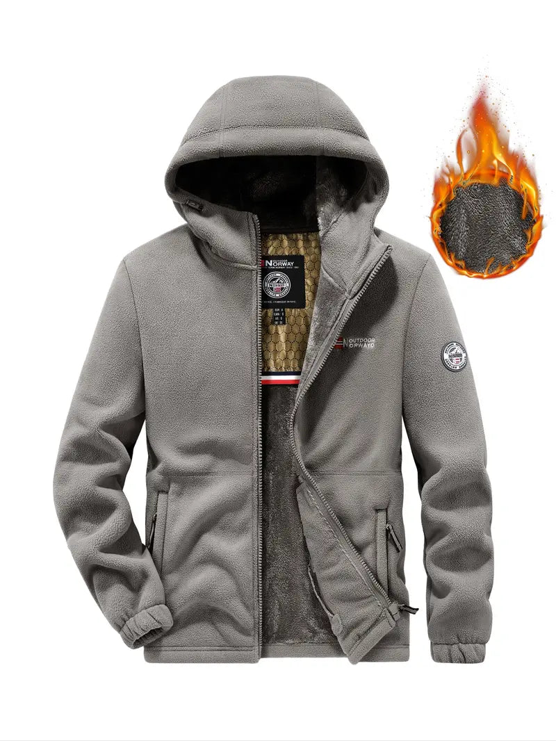 Men's Hooded Casual Fleece Jacket with Zipper, Embroidered Letter Design