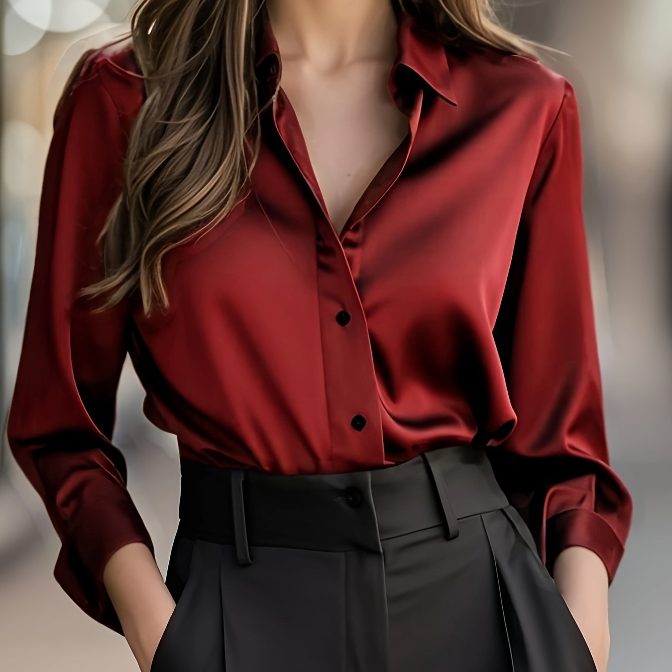 Blusa Elegante de Cetim de Cor Sólida para Mulher | Estação Primavera/Outono, Manga Comprida, Abotoadura Simples, Corte Normal