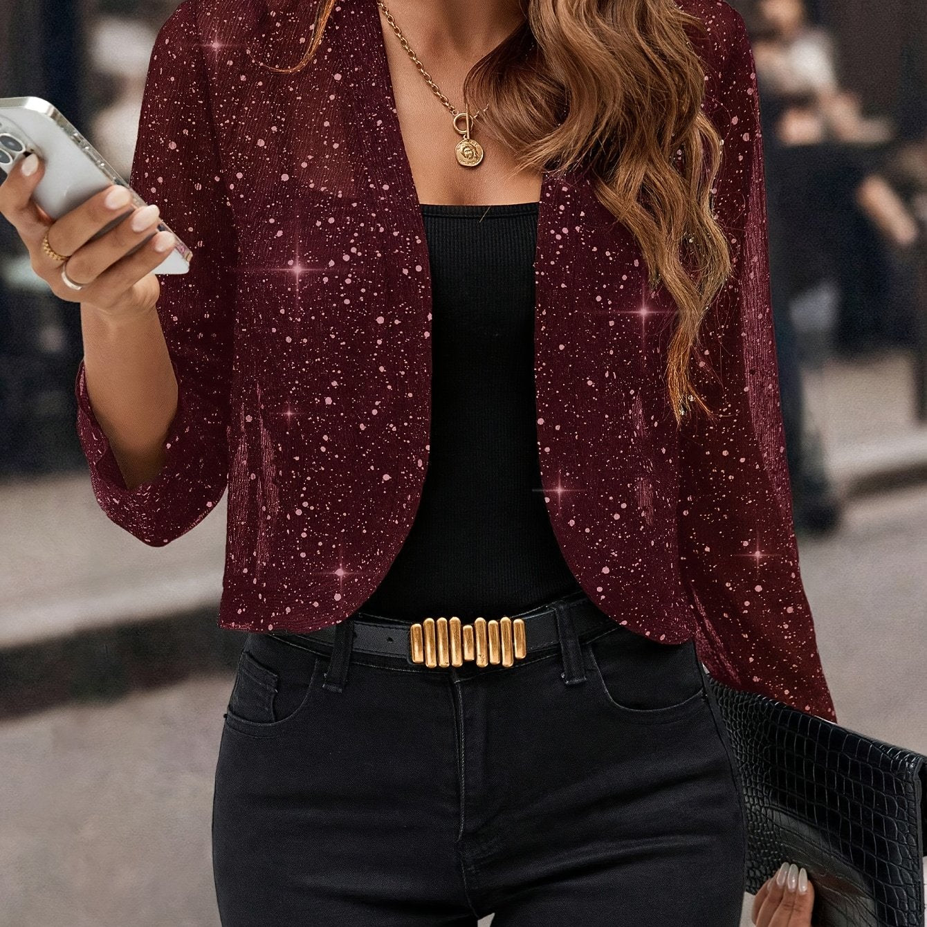 Jaqueta Cardigan Feminina com Lantejoulas e Glitter, Tecido Plissado em Folha Dourada Manga 3/4 Blazer Curto para Casual de Negócios