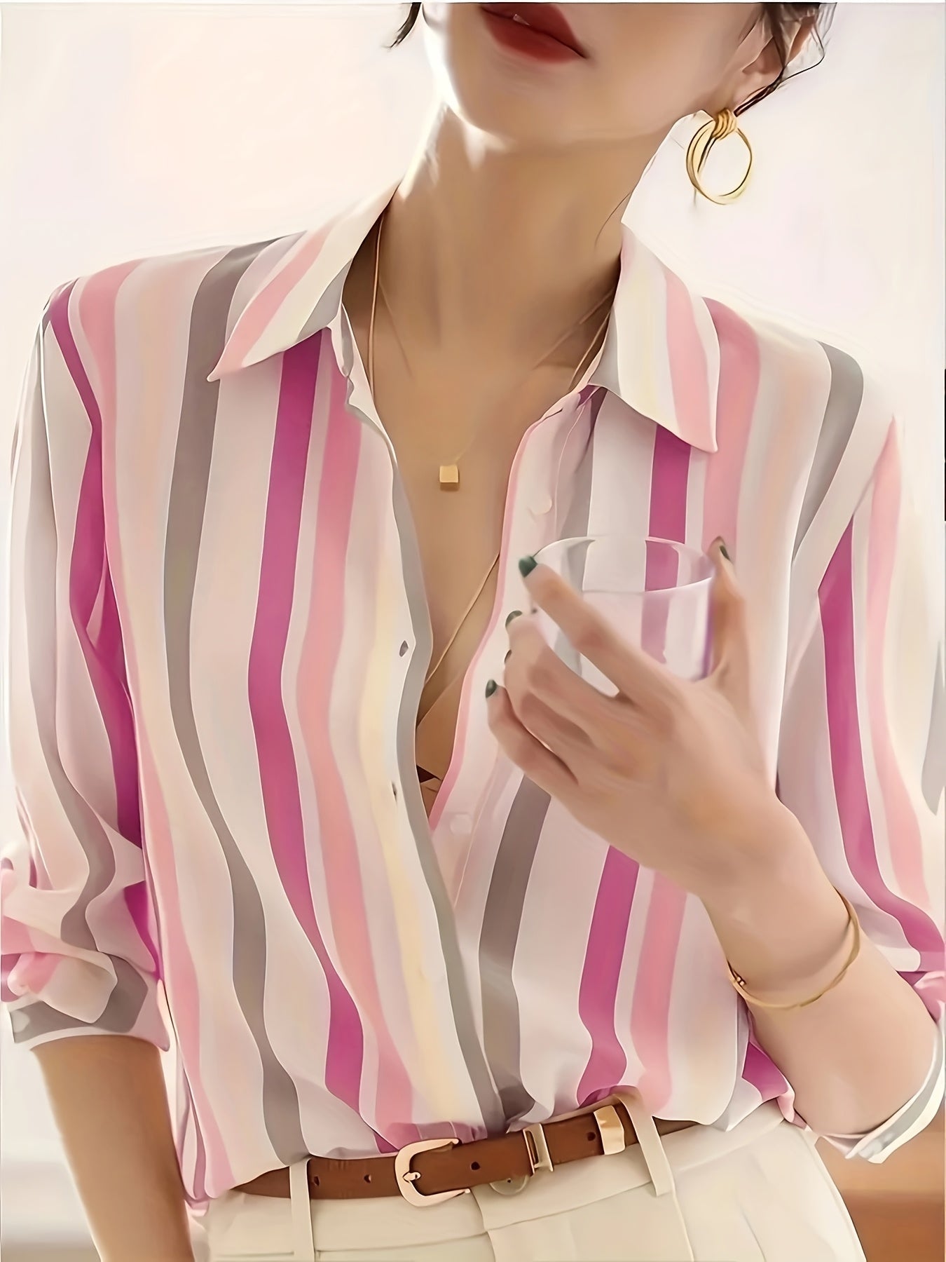 Camisa Casual de Manga Comprida às Riscas para Mulher | Riscas Verticais Pretas e Brancas, Leve, Ideal para Primavera/Verão/Outono | Gola de Lapela Clássica, Blusa Elegante e Moderna