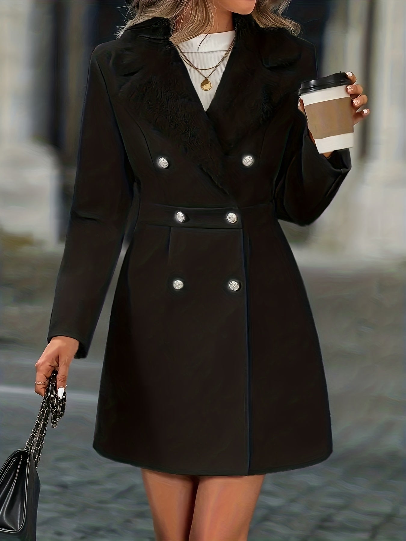 Casaco de Tweed Preto Elegante para Mulheres - Peça de Inverno Formal e Casual, Lavável na Máquina, Ideal para Escritório, Festas e Lazer - Casaco de Inverno com Detalhes de Falso Acabamento e Botões Estilosos