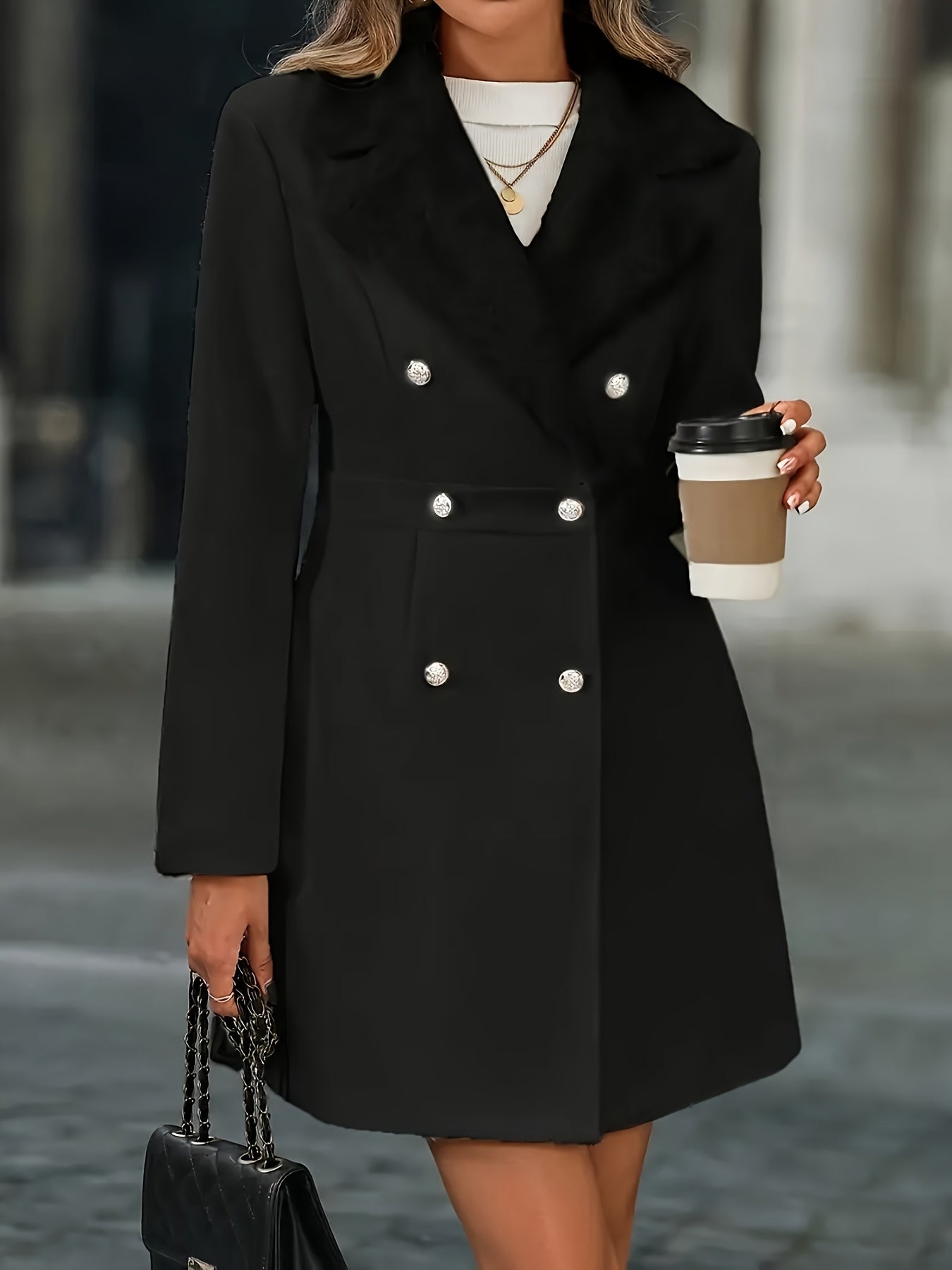 Casaco de Tweed Preto Elegante para Mulheres - Peça de Inverno Formal e Casual, Lavável na Máquina, Ideal para Escritório, Festas e Lazer - Casaco de Inverno com Detalhes de Falso Acabamento e Botões Estilosos
