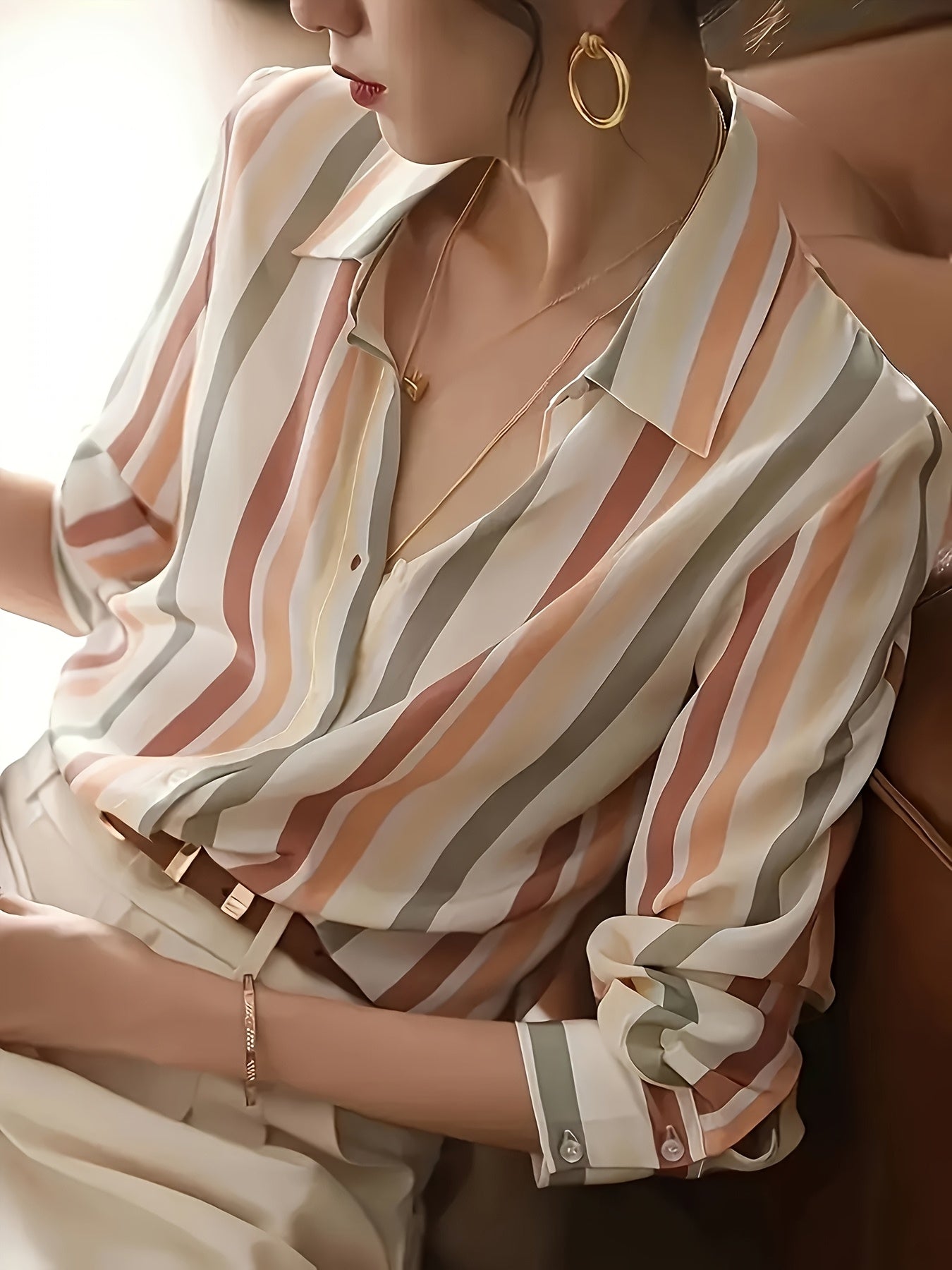 Camisa Casual de Manga Comprida às Riscas para Mulher | Riscas Verticais Pretas e Brancas, Leve, Ideal para Primavera/Verão/Outono | Gola de Lapela Clássica, Blusa Elegante e Moderna