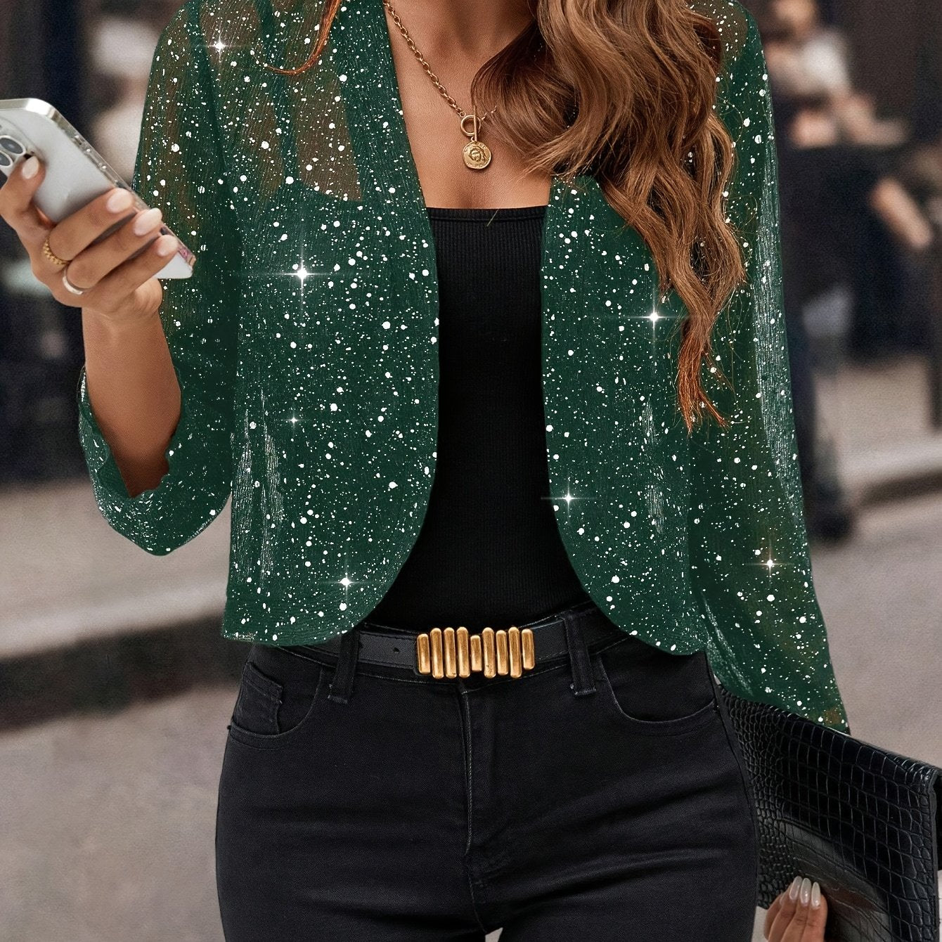 Jaqueta Cardigan Feminina com Lantejoulas e Glitter, Tecido Plissado em Folha Dourada Manga 3/4 Blazer Curto para Casual de Negócios