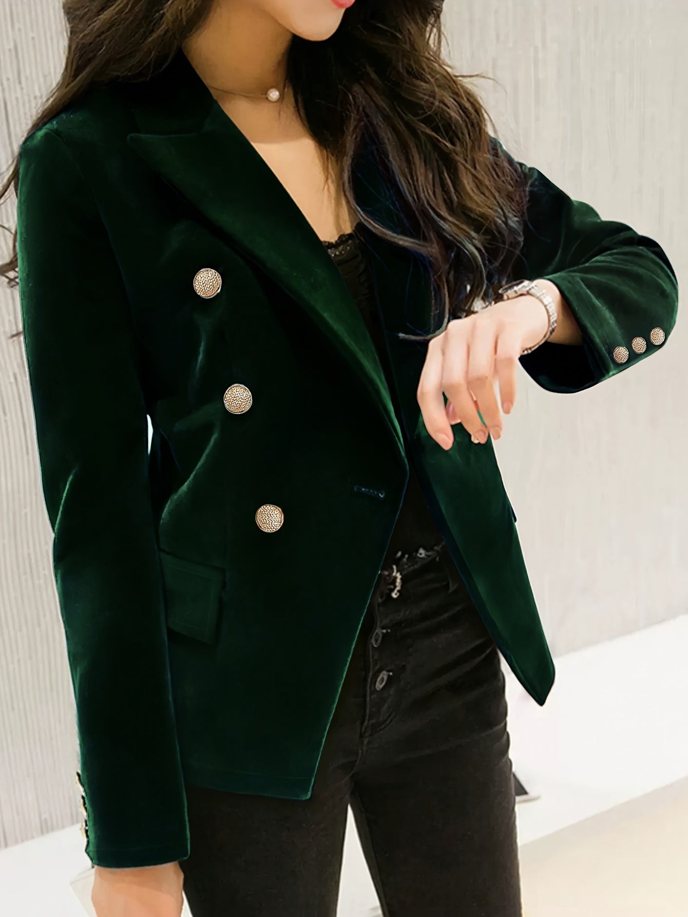 Blazer Elegante Feminino de Inverno com  Peito de Botões - Casaco de Terno de Cor Sólida Lavável à Máquina para Traje de Escritório Profissional, Guarda-Roupa de Outono/Inverno, Gola Clássica (Adequado para Eventos Semiformais)
