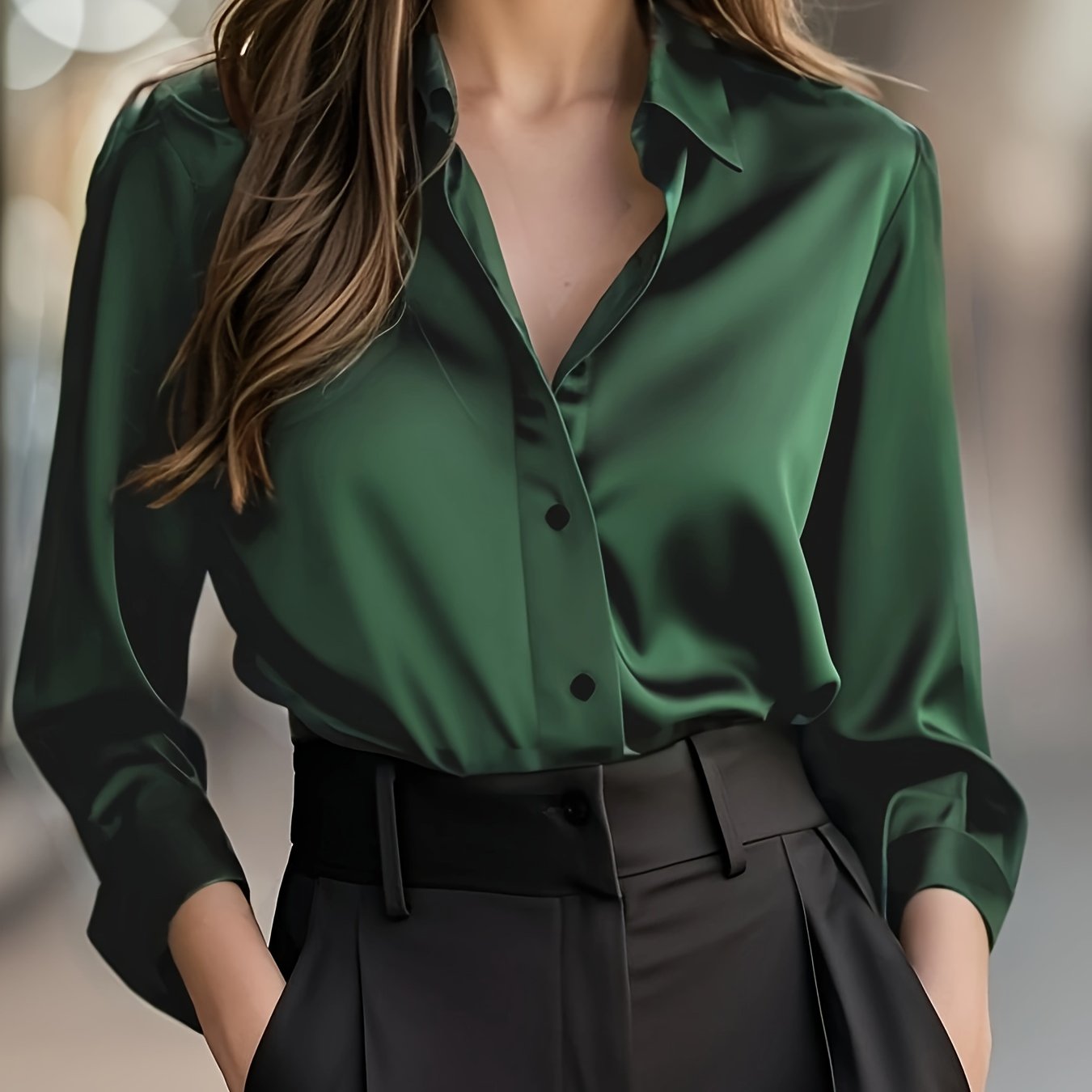 Blusa Elegante de Cetim de Cor Sólida para Mulher | Estação Primavera/Outono, Manga Comprida, Abotoadura Simples, Corte Normal